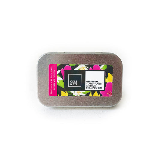 Geranium, Ylang Ylang & Neroli Shampoo Bar in a Travel Tin